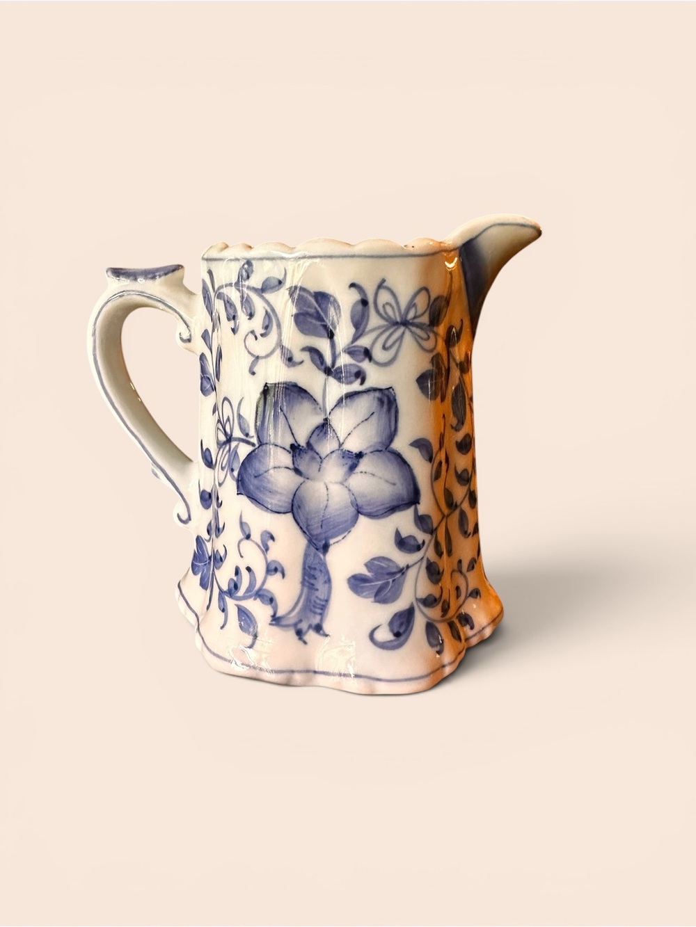 Vintage Andrea by Sadek Blue & White Floral Scalloped Ceramic Creamer Pitcher